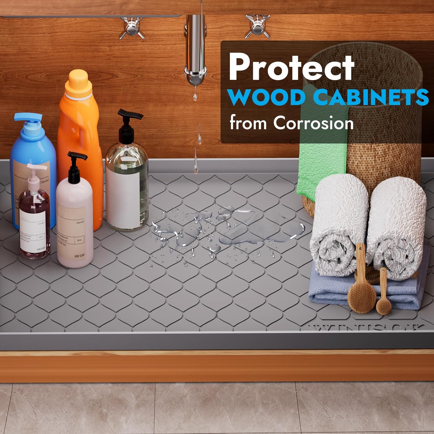 Dark gray silicone under sink mat, 34 x 22 inches, waterproof protection — view 3
