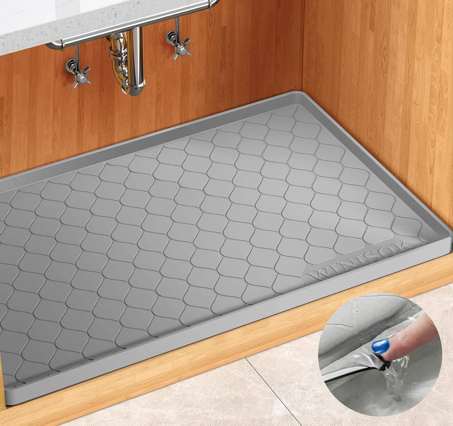 Dark gray silicone under sink mat, 34 x 22 inches, waterproof protection — view 5