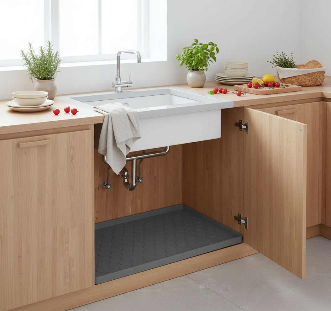 Dark gray silicone under sink mat, 34 x 22 inches, waterproof protection — view 7b
