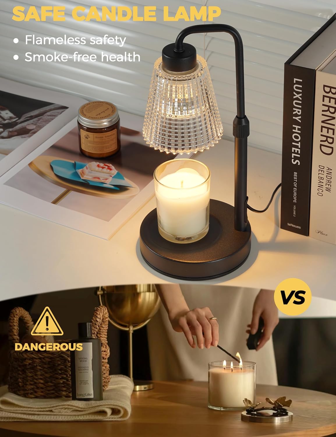 Ceramic candle warmer lamp in white with built-in timer dial, countertop design for home decor — side