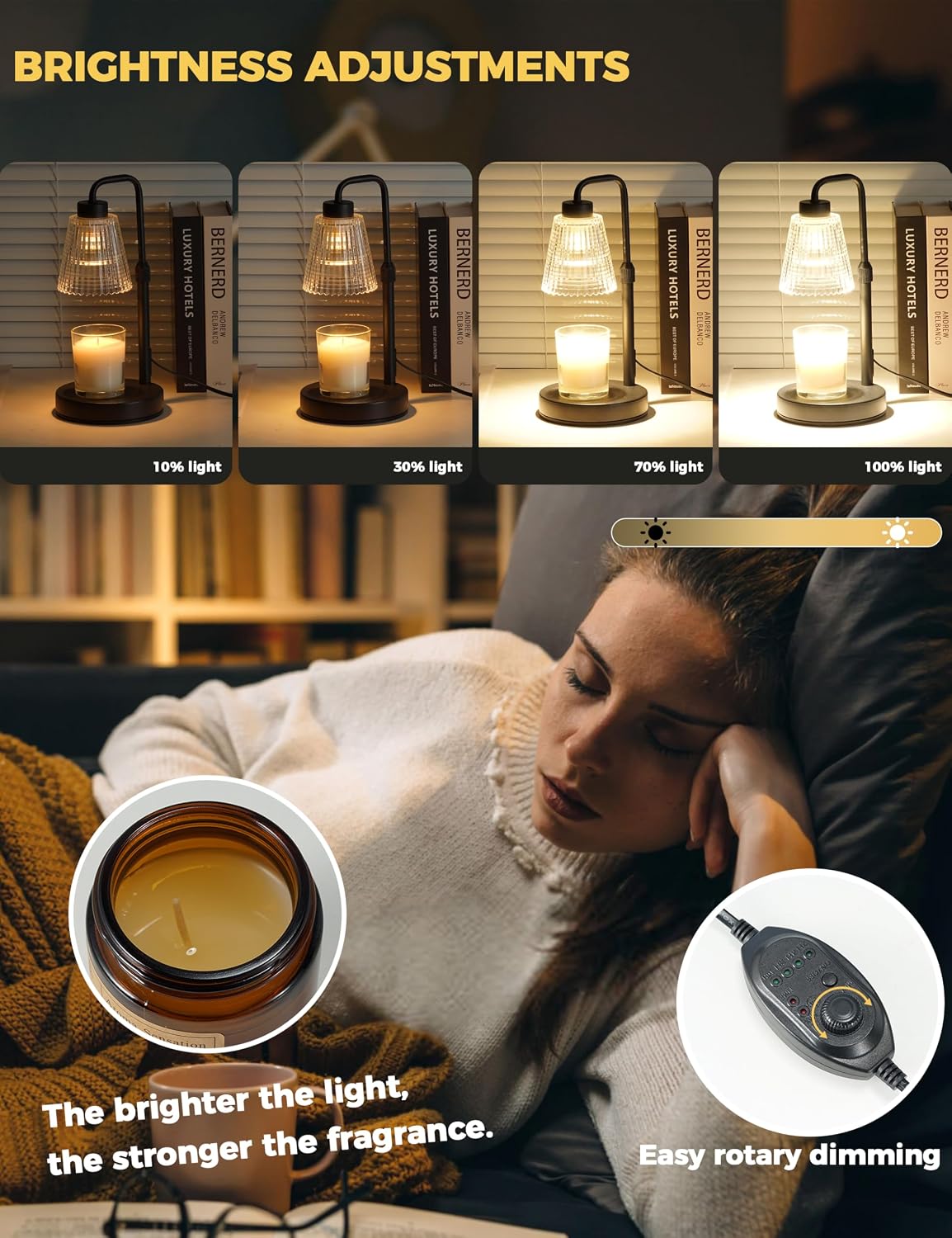 Ceramic candle warmer lamp in white with built-in timer dial, countertop design for home decor — detail