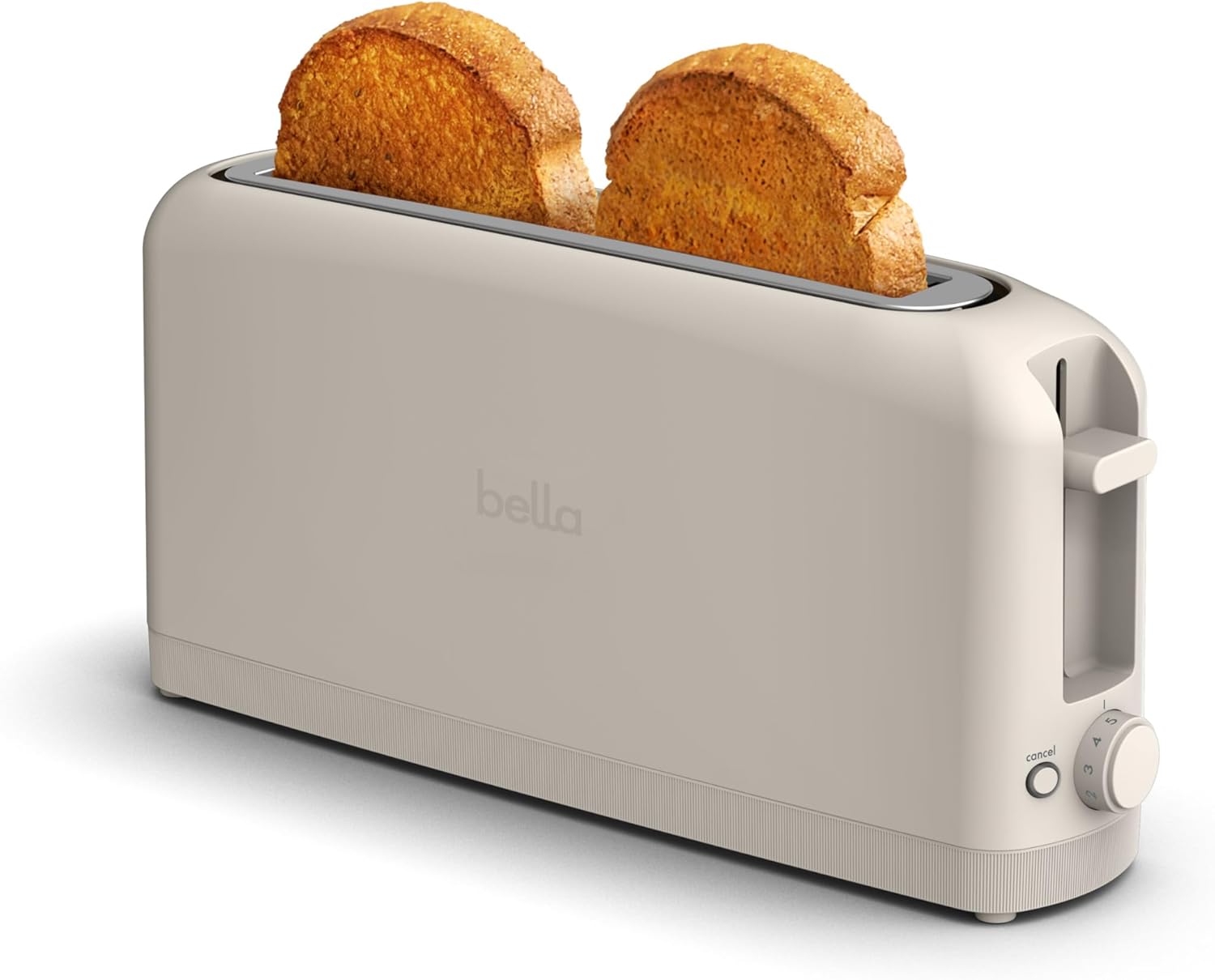 Oatmilk stainless steel 2-slice slim toaster with extra-wide slots on white countertop — front