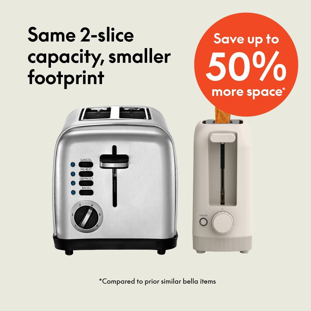 Oatmilk stainless steel 2-slice slim toaster with extra-wide slots on white countertop — side