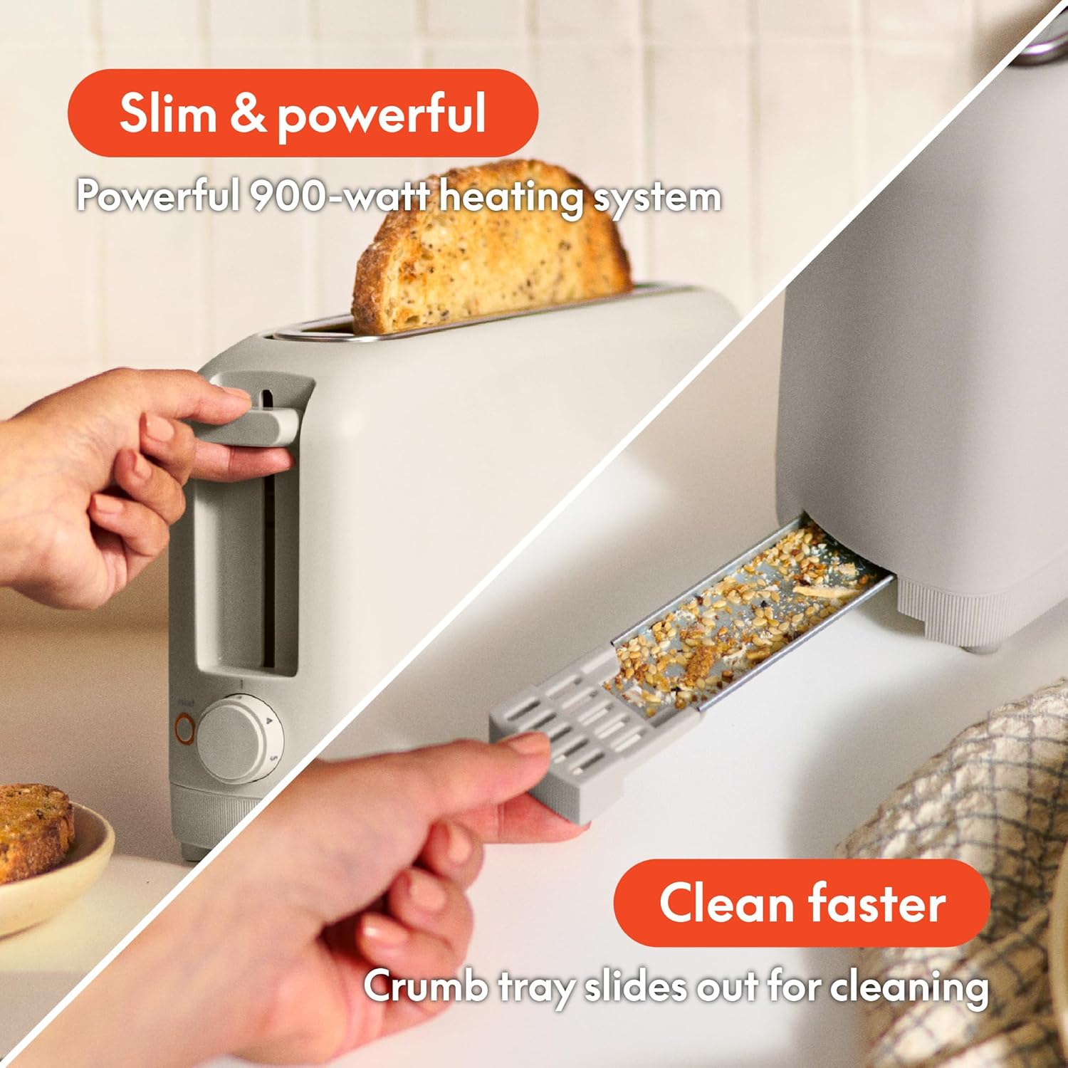 Oatmilk stainless steel 2-slice slim toaster with extra-wide slots on white countertop — view 2