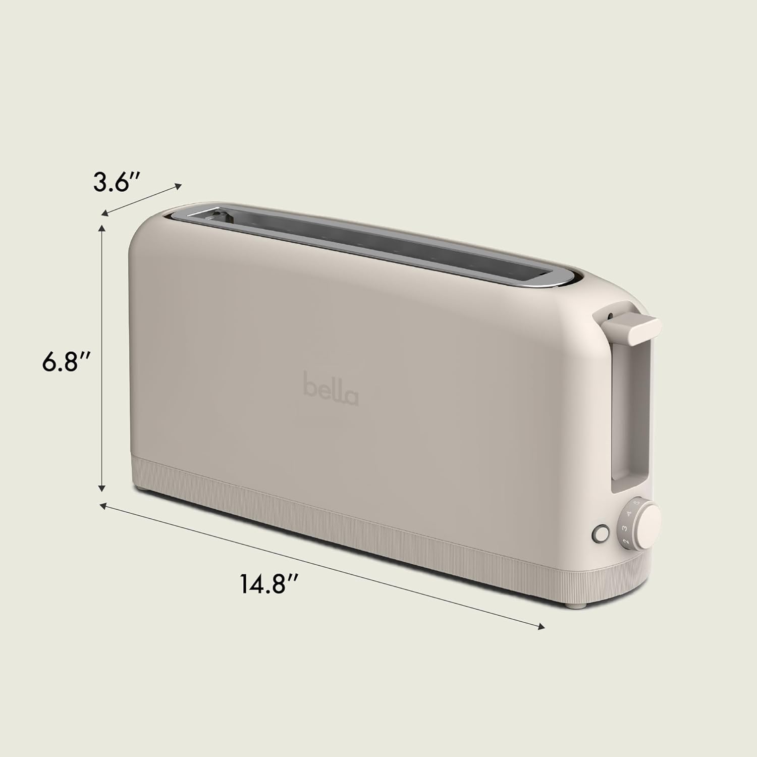 Oatmilk stainless steel 2-slice slim toaster with extra-wide slots on white countertop — view 5