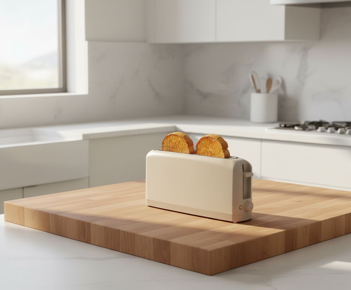 Oatmilk stainless steel 2-slice slim toaster with extra-wide slots on white countertop — view 1
