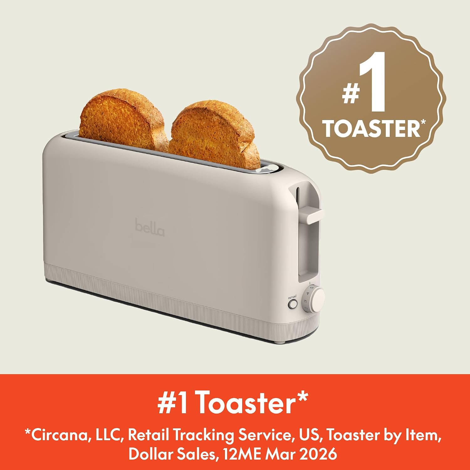 Oatmilk stainless steel 2-slice slim toaster with extra-wide slots on white countertop — view 3b