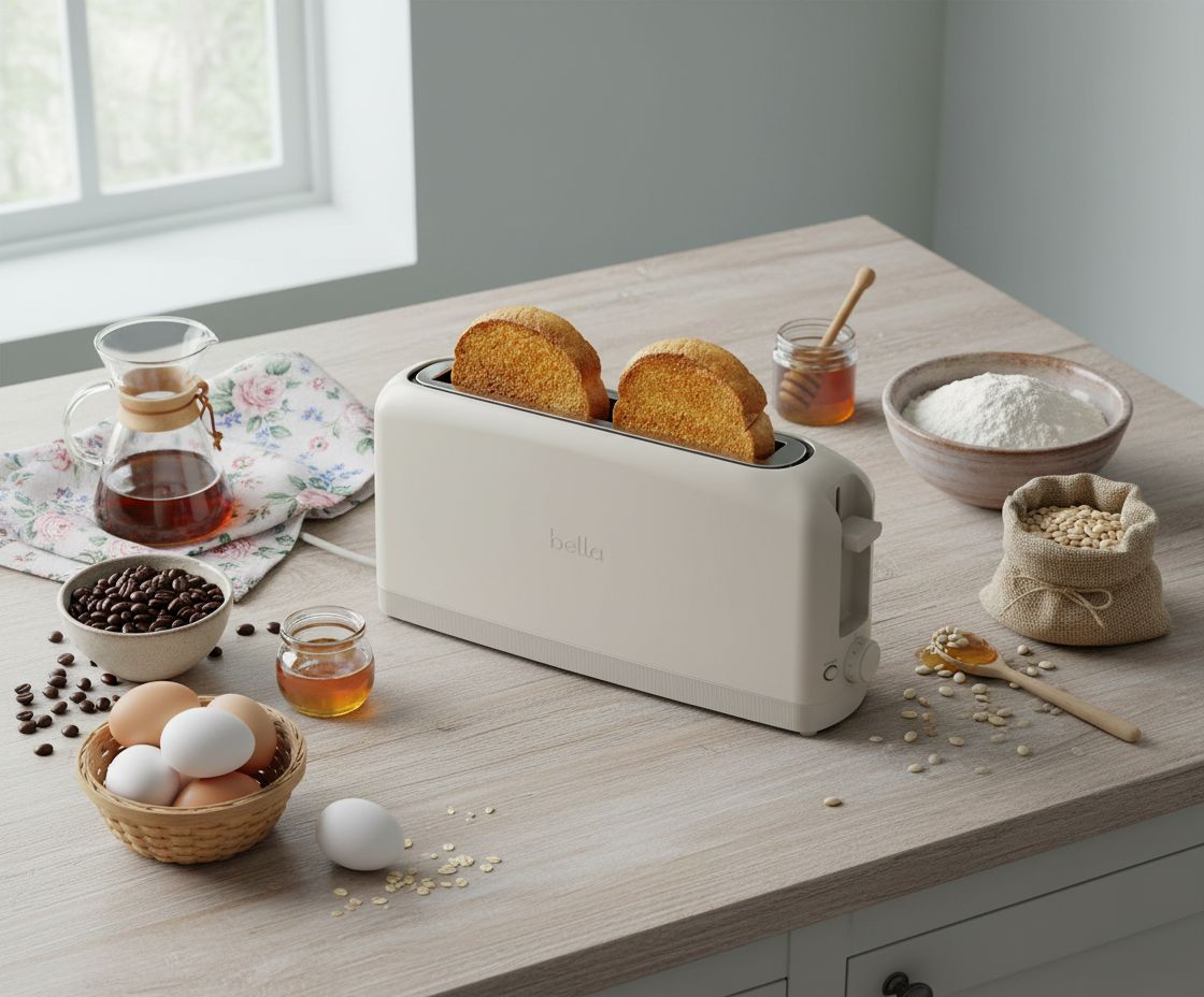 Oatmilk stainless steel 2-slice slim toaster with extra-wide slots on white countertop — view 2
