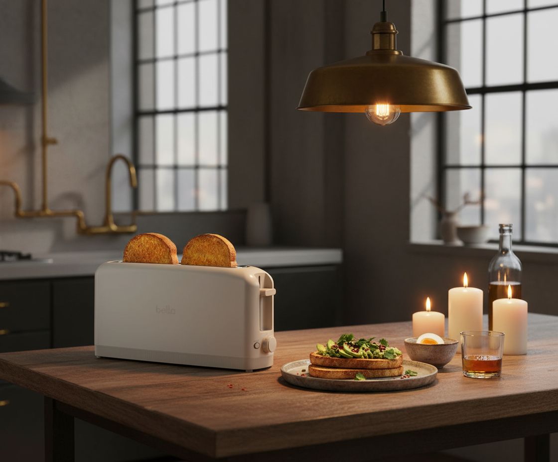 Oatmilk stainless steel 2-slice slim toaster with extra-wide slots on white countertop — view 3a