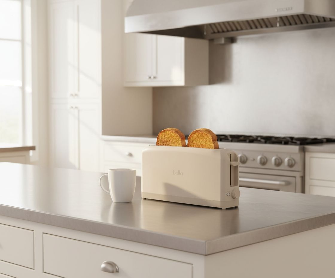 Oatmilk stainless steel 2-slice slim toaster with extra-wide slots on white countertop — view 4