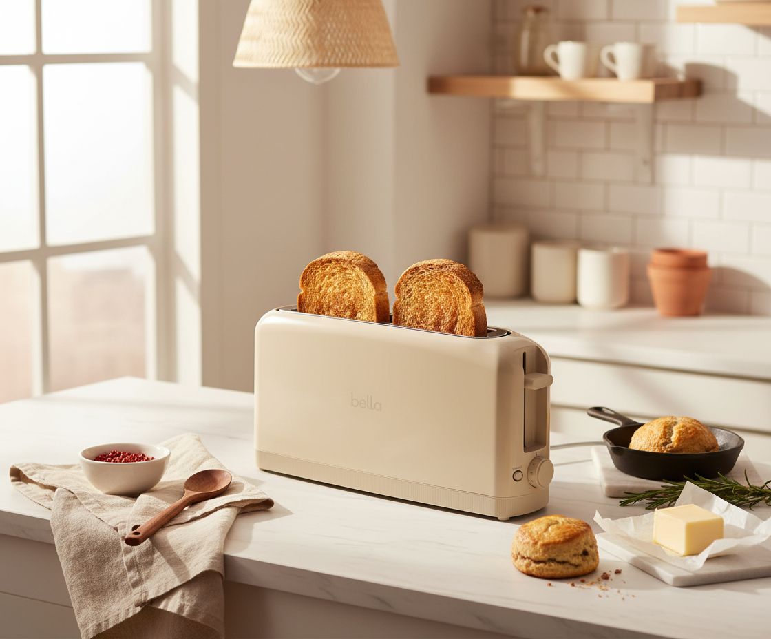 Oatmilk stainless steel 2-slice slim toaster with extra-wide slots on white countertop — view 7a