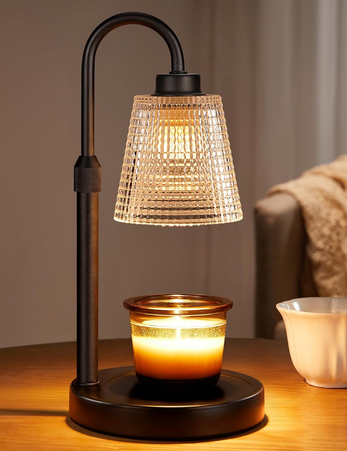 Glass candle warmer lamp with timer function, modern countertop design in clear glass — front
