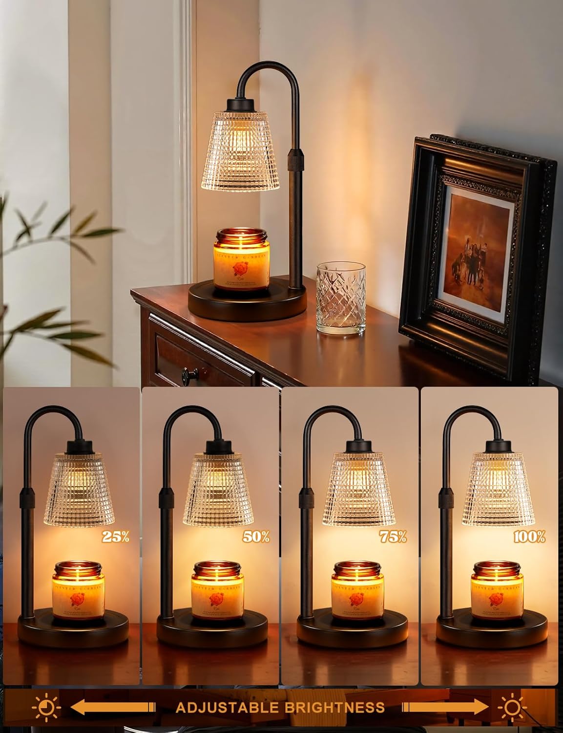 Glass candle warmer lamp with timer function, modern countertop design in clear glass — back