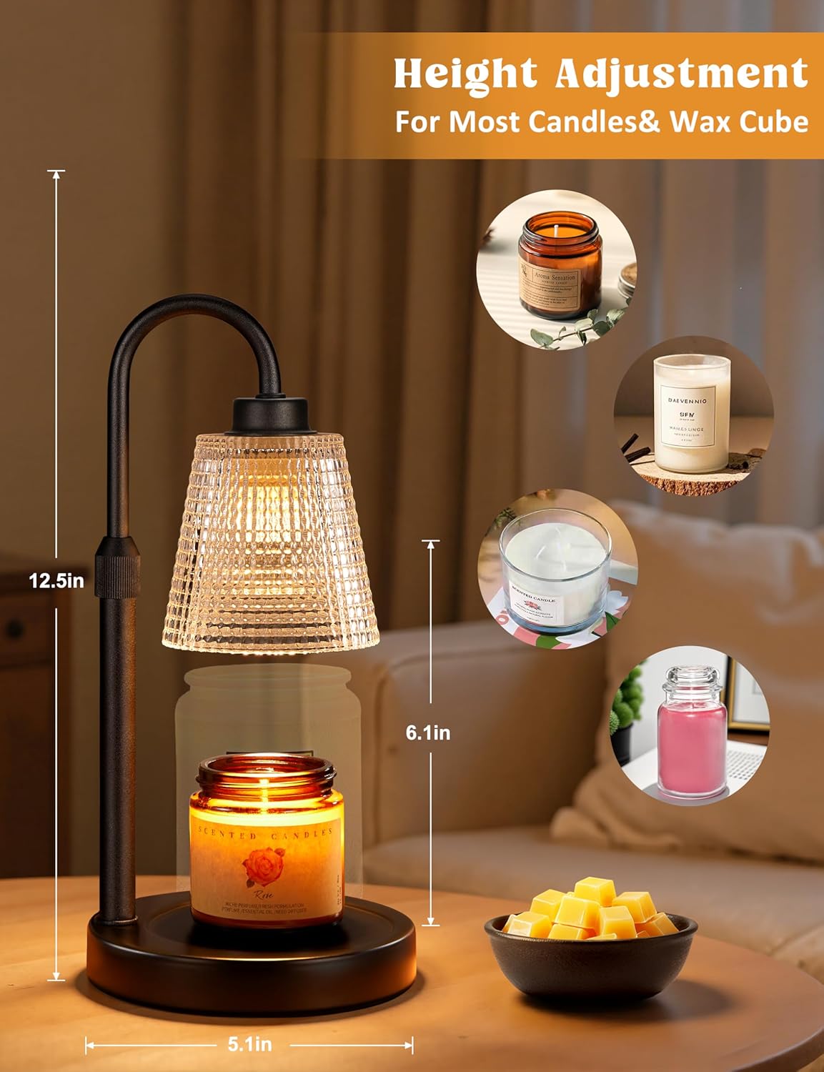 Glass candle warmer lamp with timer function, modern countertop design in clear glass — view 5b